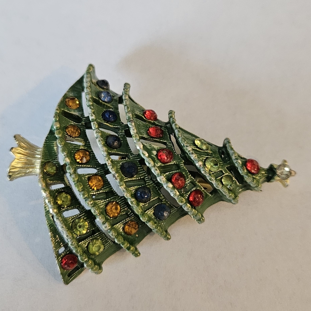 Christmas Tree Brooch Pin Enamel Rhinestones - Picture 3 of 9